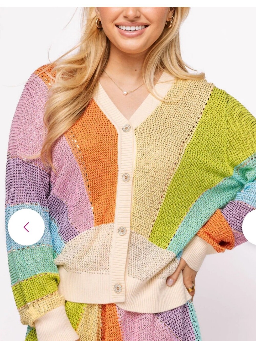 Muted Rainbow Rhinestone Striped V‑Neck Button Cardigan & Matching Tank